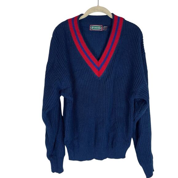 Vintage McGregor navy v neck sweater red striped accent size medium - Picture 1 of 6